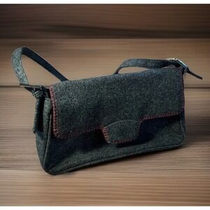 Vintage Liz Claiborne Villager Wool Felt Baguette Shoulder Bag Gray Red Stitch